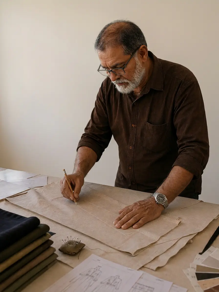 Tailor operating an industrial sewing machine on the production floor